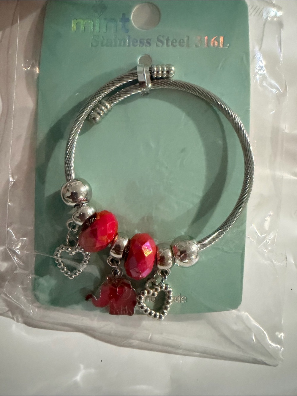 Mint Silver-Tone Bracelet with Faceted Red Beads and Charms